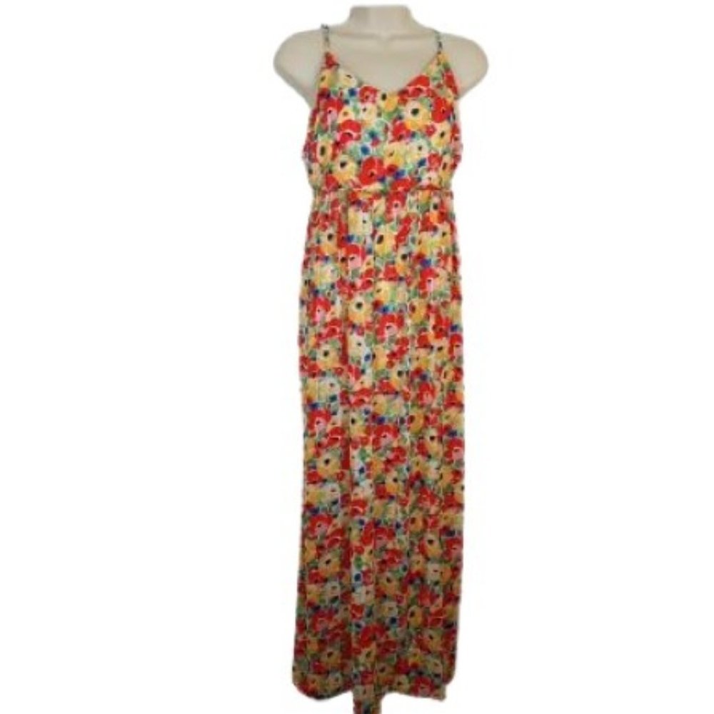 In April 1986 Womens Maxi Dress Orange Yellow Lurex Floral Ruffle Empire Waist S